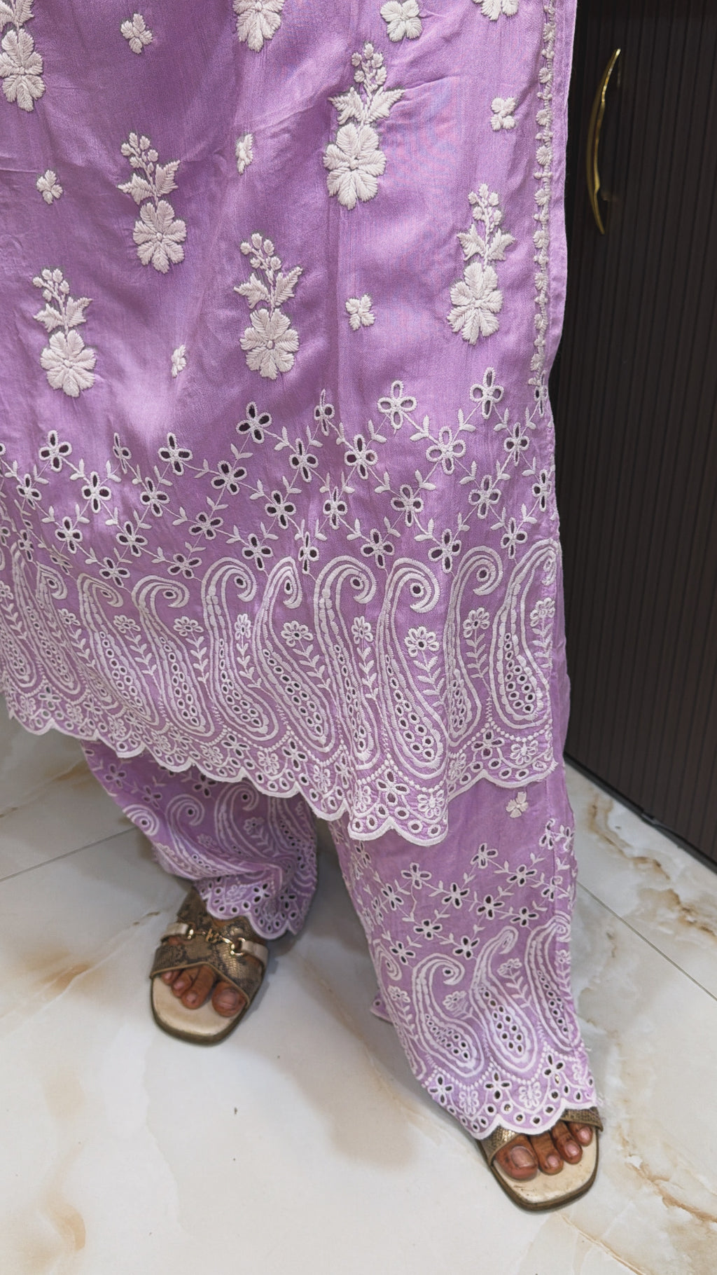 Purple  Muslin chikan lucknowi work set