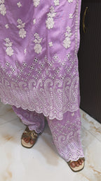 Purple  Muslin chikan lucknowi work set