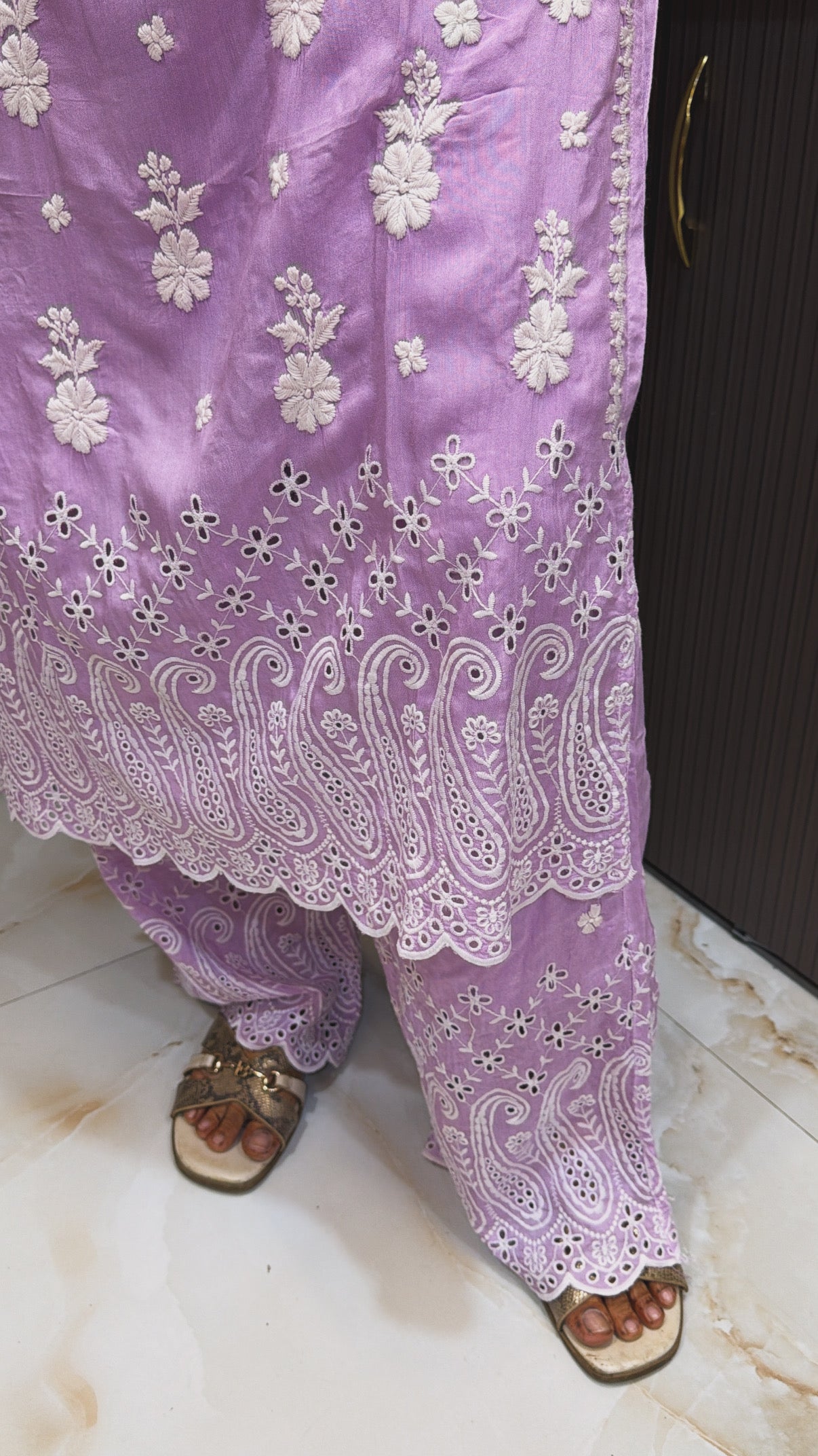 Purple  Muslin chikan lucknowi work set