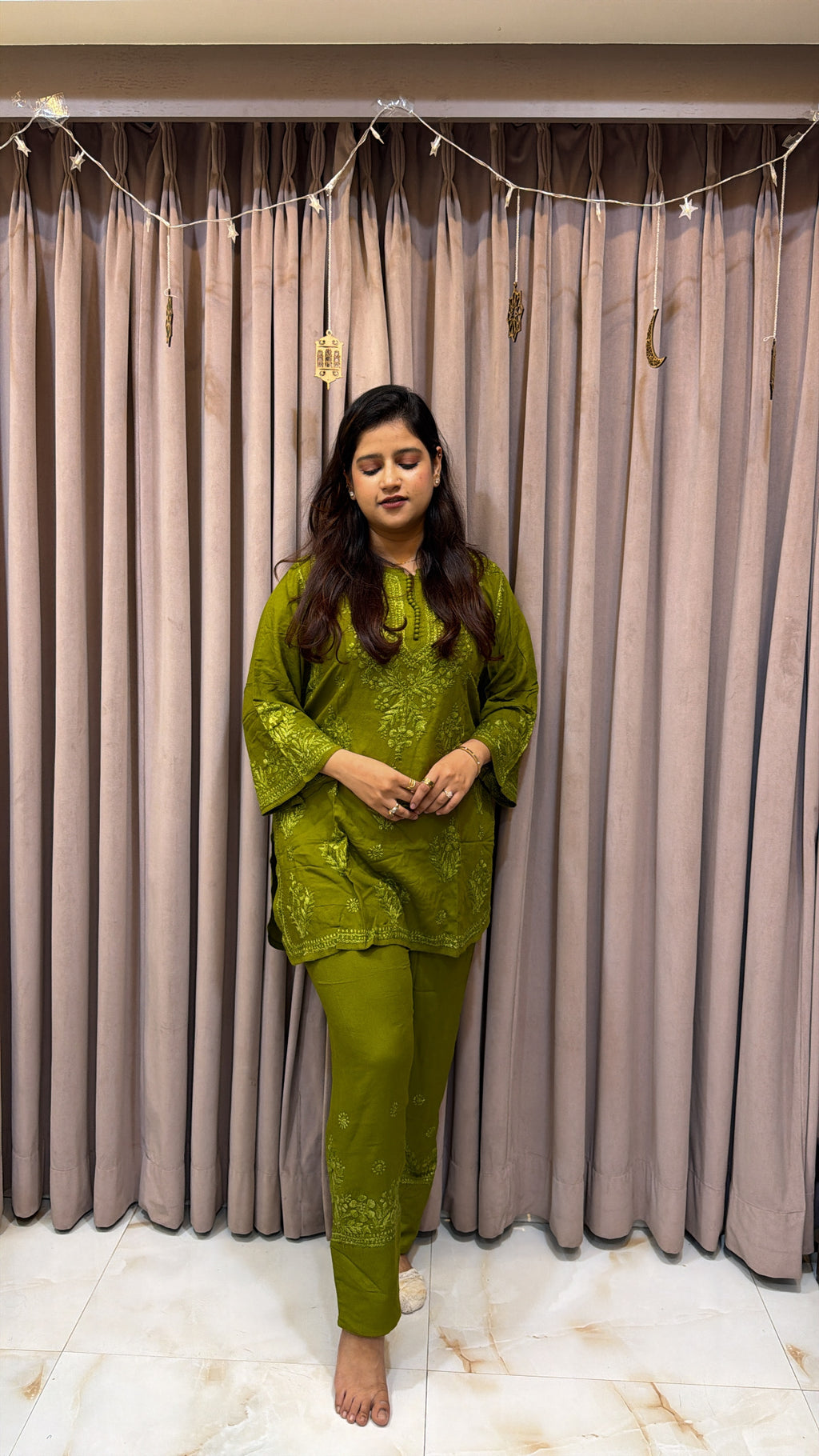 Olive Green Rayon lucknowi pant co ord set