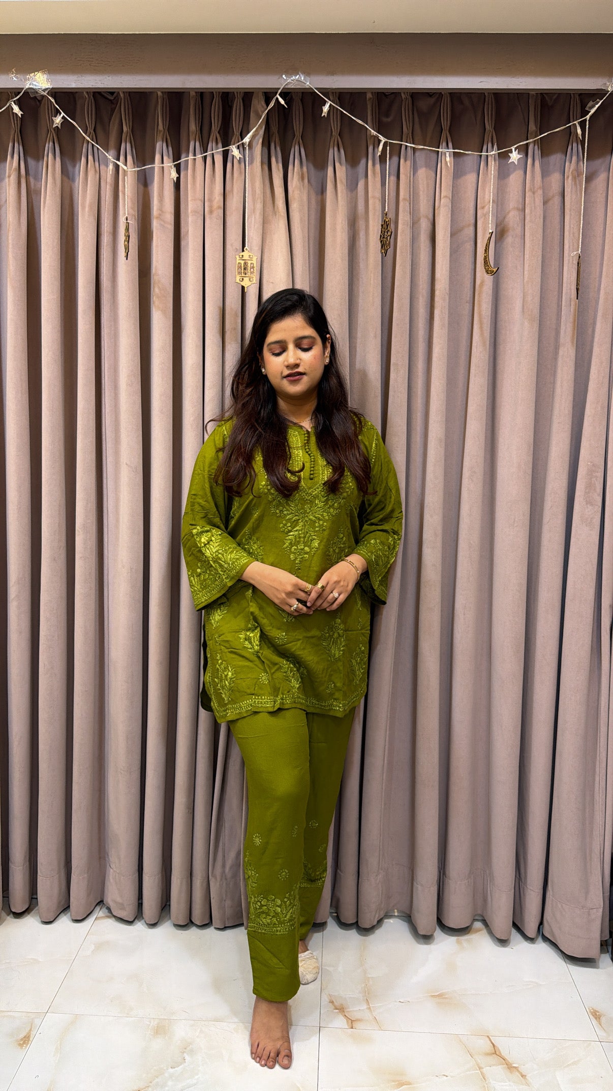 Olive Green Rayon lucknowi pant co ord set