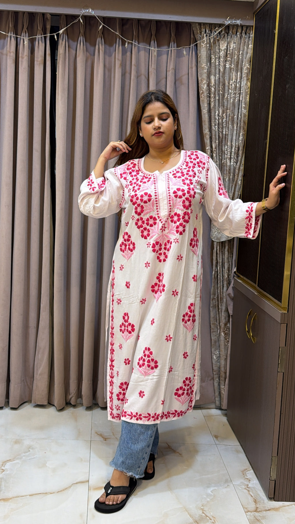 #2013 Pink & White Pure Rayon Lucknowi Kurti with Handwork