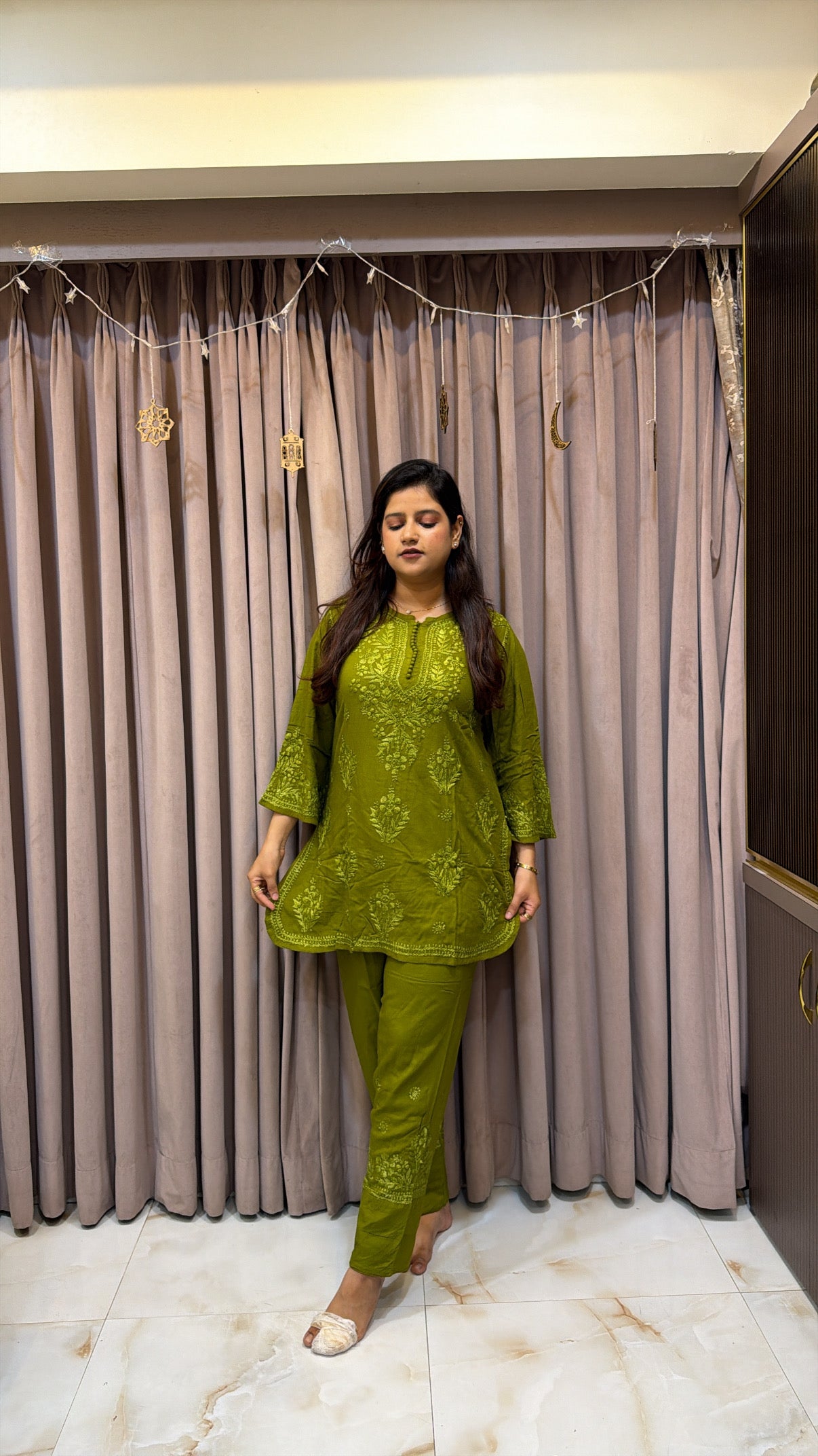 Olive Green Rayon lucknowi pant co ord set