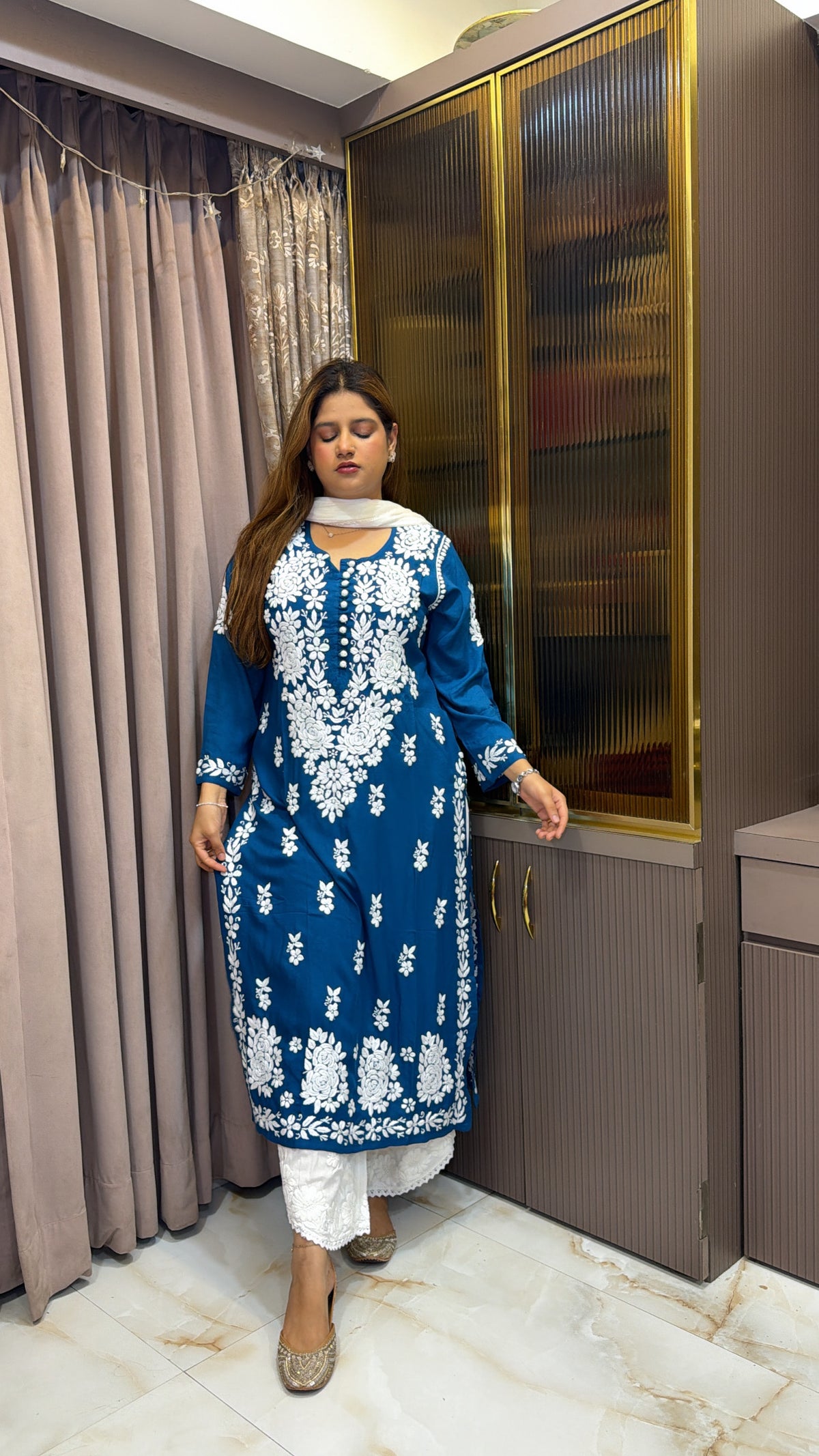 #2009 Teal Blue Rayon Chikankari Kurti | Premium Lucknowi Handwork