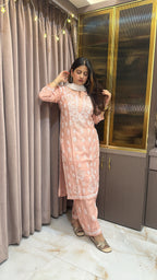 Peach Pure muslin mukesh work set