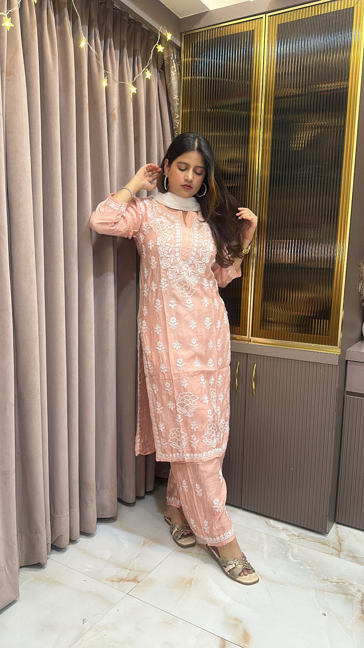 Peach Pure muslin mukesh work set