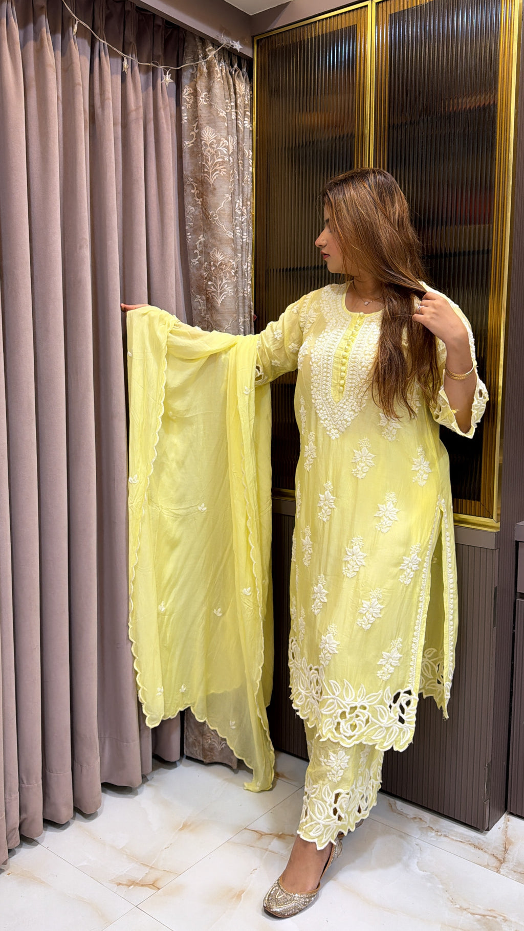 #2017 Lime Yellow Muslin Cutwork Three Piece Plazo Set