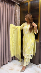 #2017 Lime Yellow Muslin Cutwork Three Piece Plazo Set