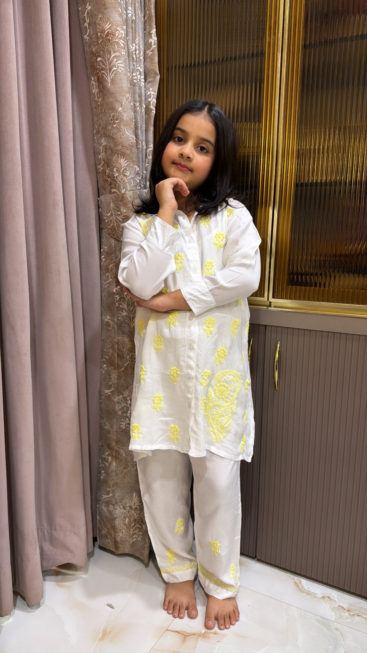 #2020 Yellow Kids Rayon White with Coloured Co-Ord Set