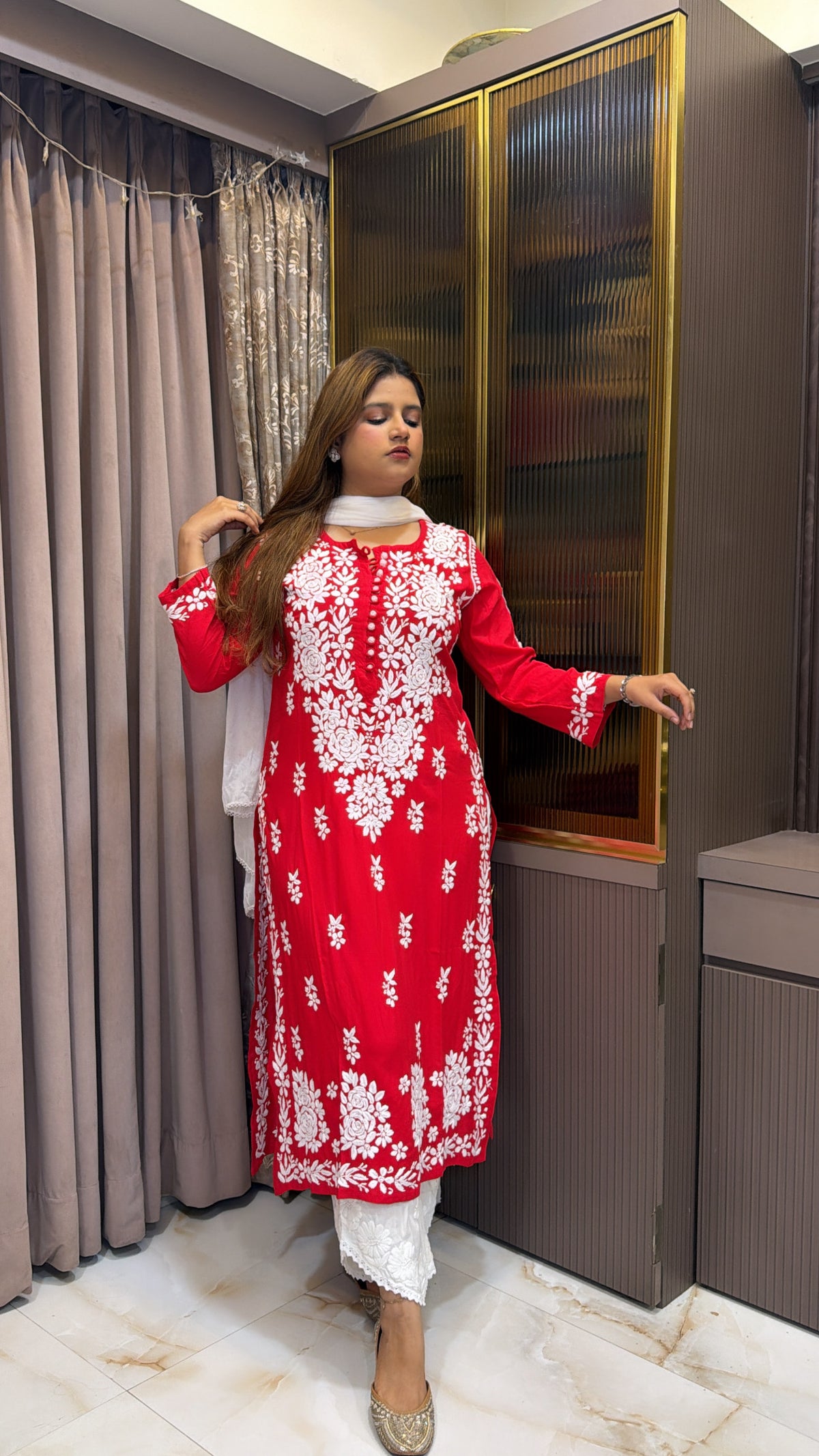 #2009 Red Pure Rayon Lucknowi Kurti | Authentic Handwork Chikankari