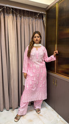 Pink Muslin chikan lucknowi work set