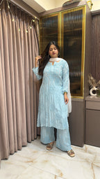 Powder Blue Jasmin crepe cutwork set with mukesh work