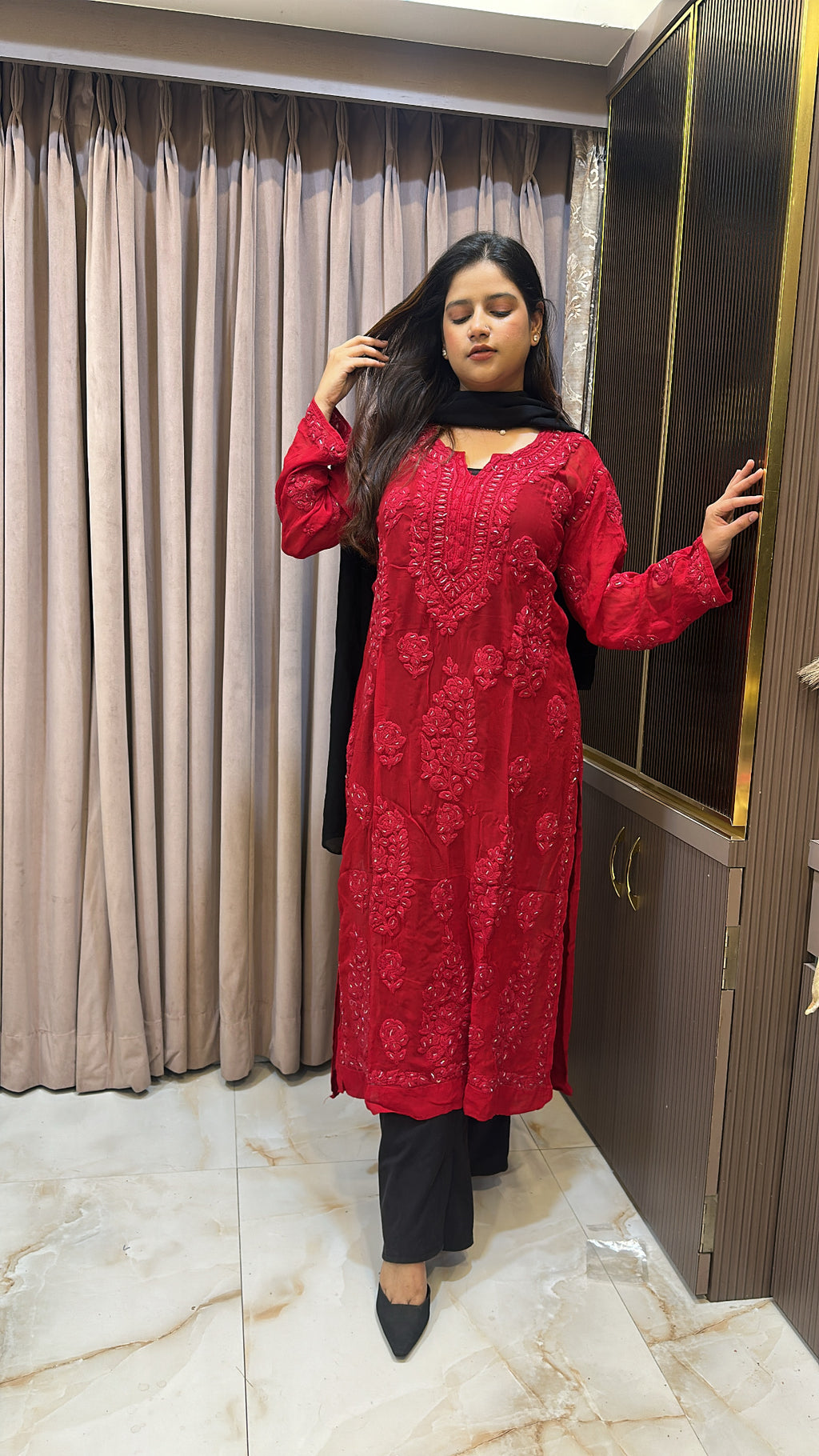 Red Viscouse salli work kurti