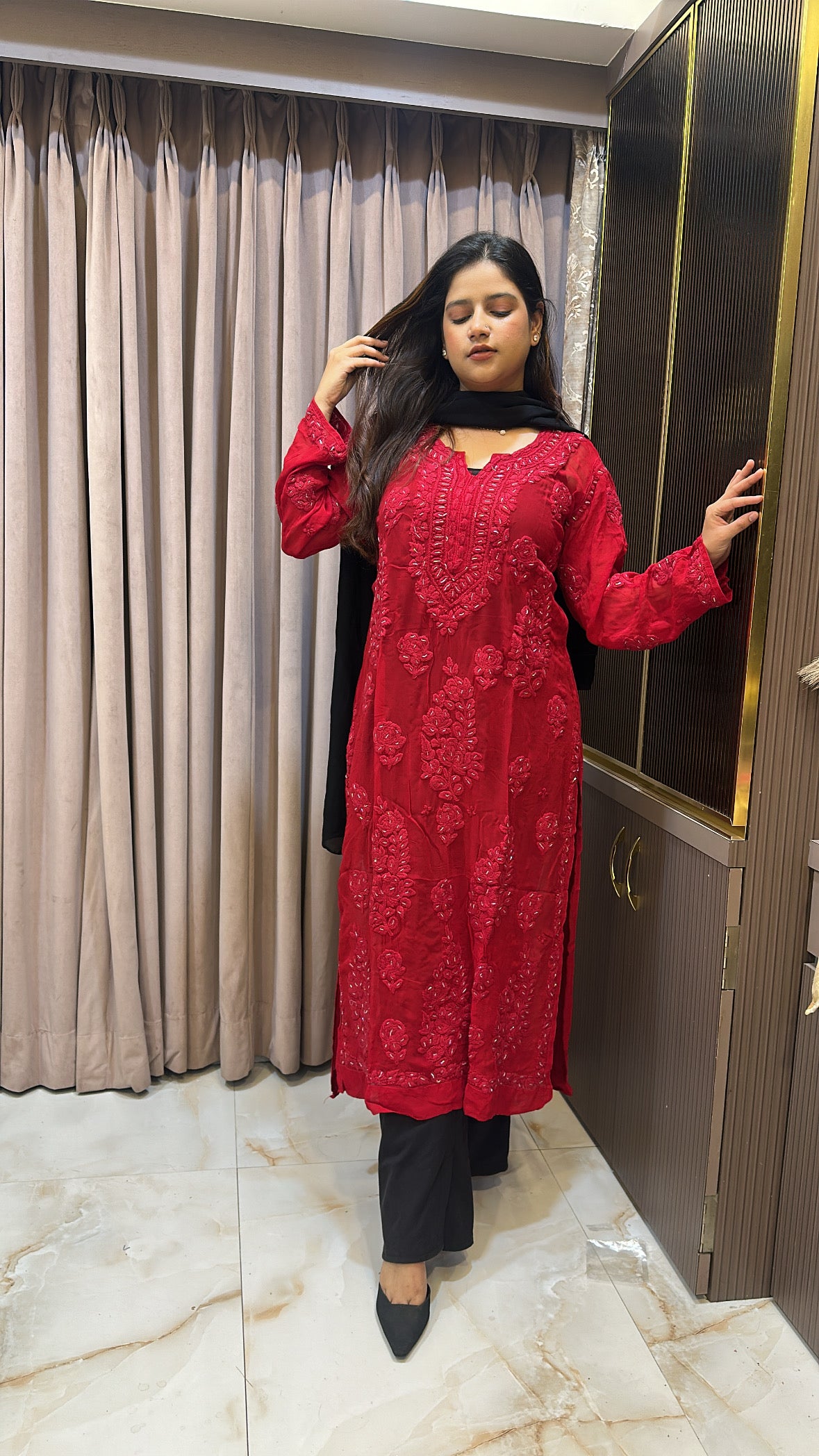Red Viscouse salli work kurti