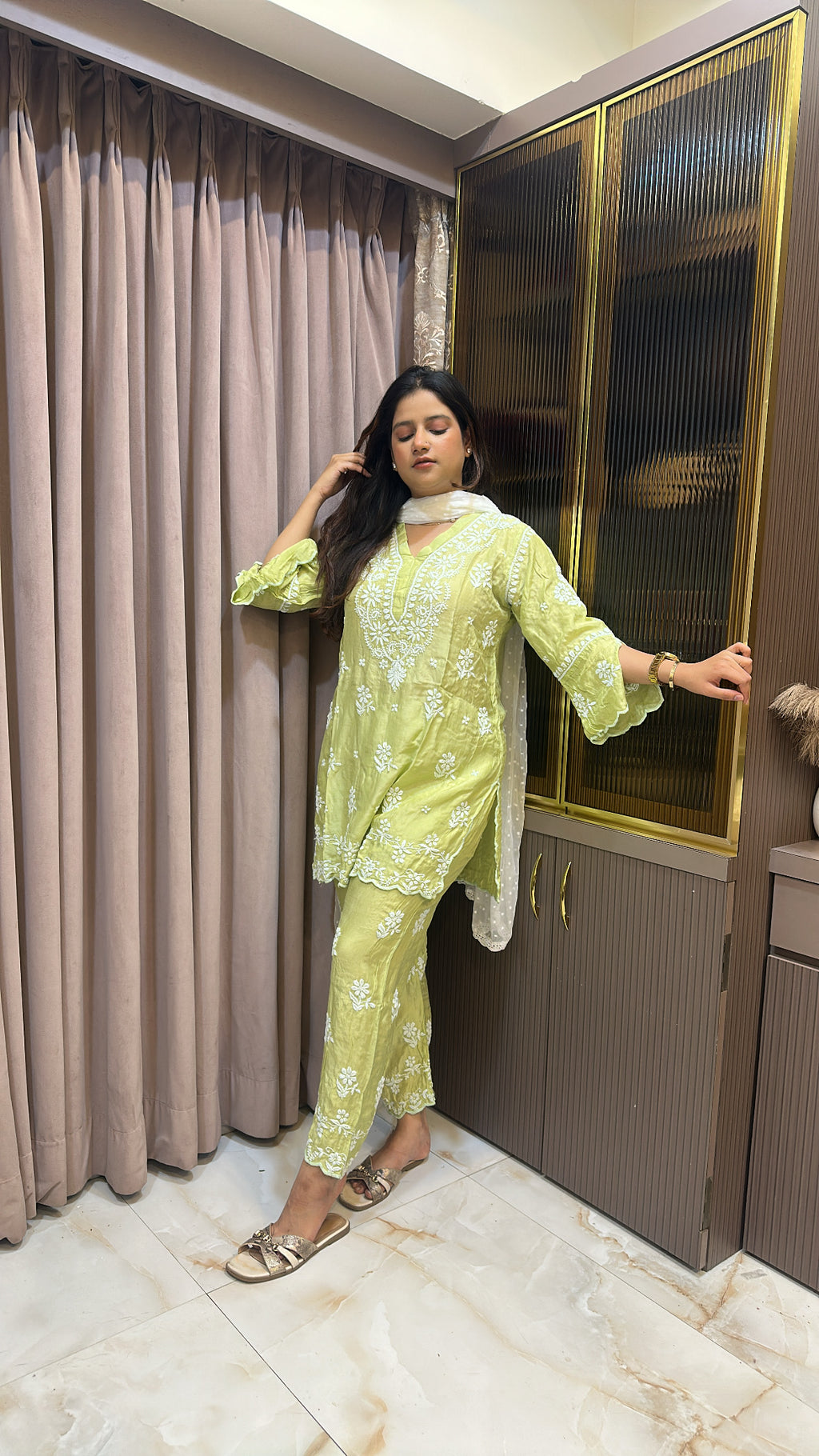 Parrot green Muslin cut work co ord