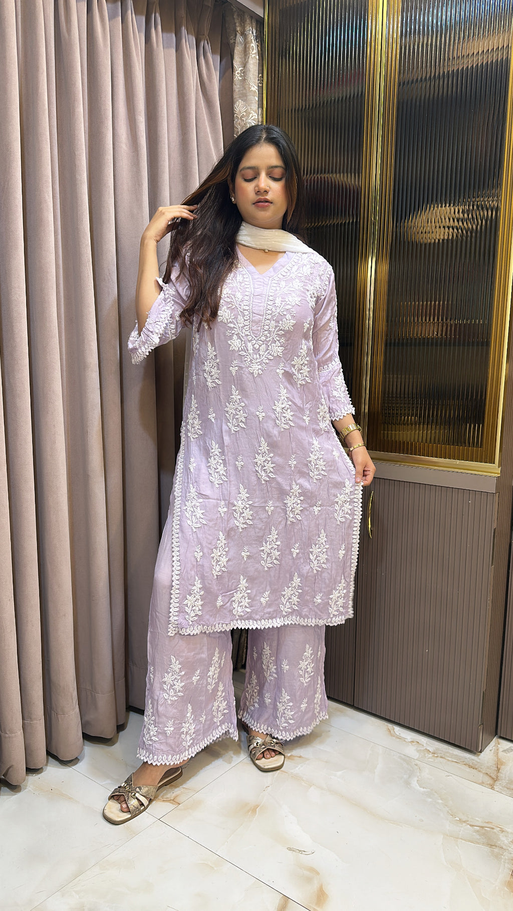 Purple Pure muslin Cutdana Cutwork set