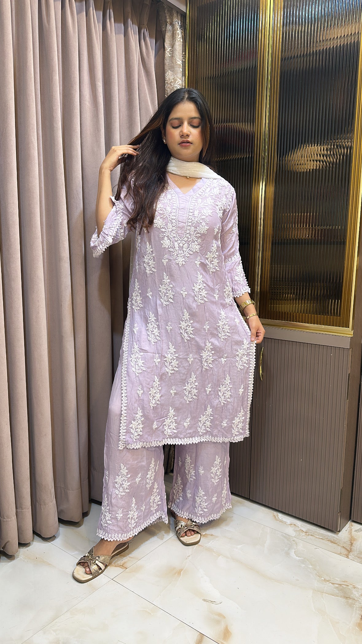 Purple Pure muslin Cutdana Cutwork set
