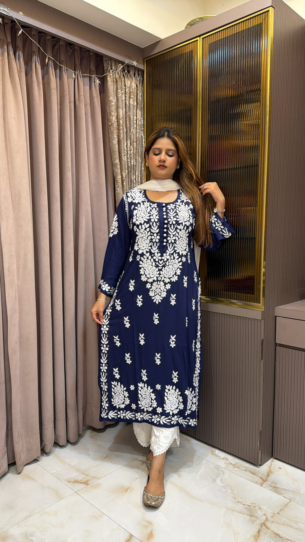#2009 Navy Blue Rayon Lucknowi Chikankari Kurti | Pure Rayon Top