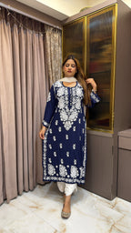 #2009 Navy Blue Rayon Lucknowi Chikankari Kurti | Pure Rayon Top