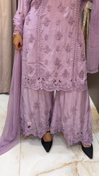 #2016 Lilac Pure Crepe Cutwork Lucknowi Co Ord Plazo Set