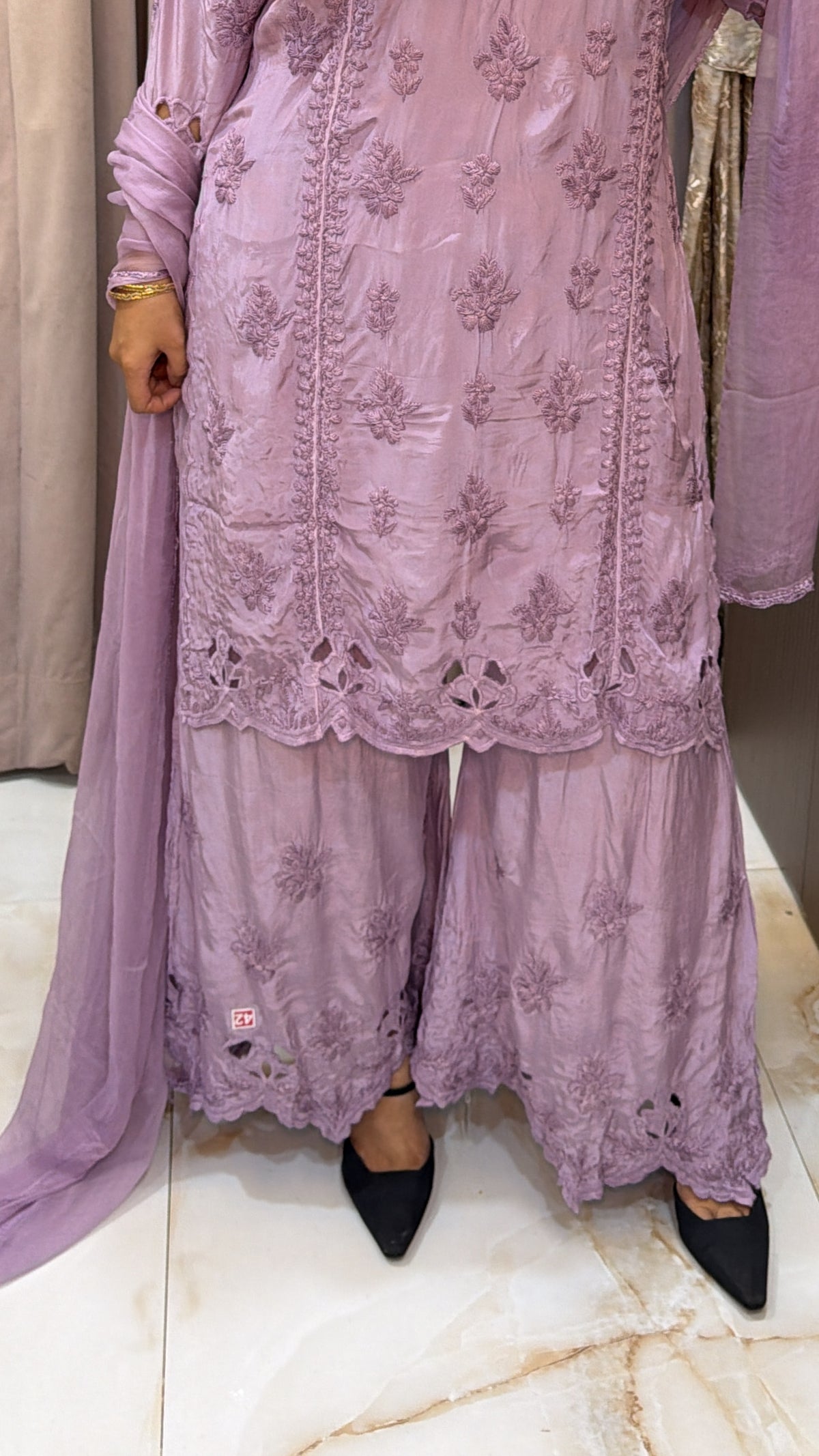 #2016 Lilac Pure Crepe Cutwork Lucknowi Co Ord Plazo Set