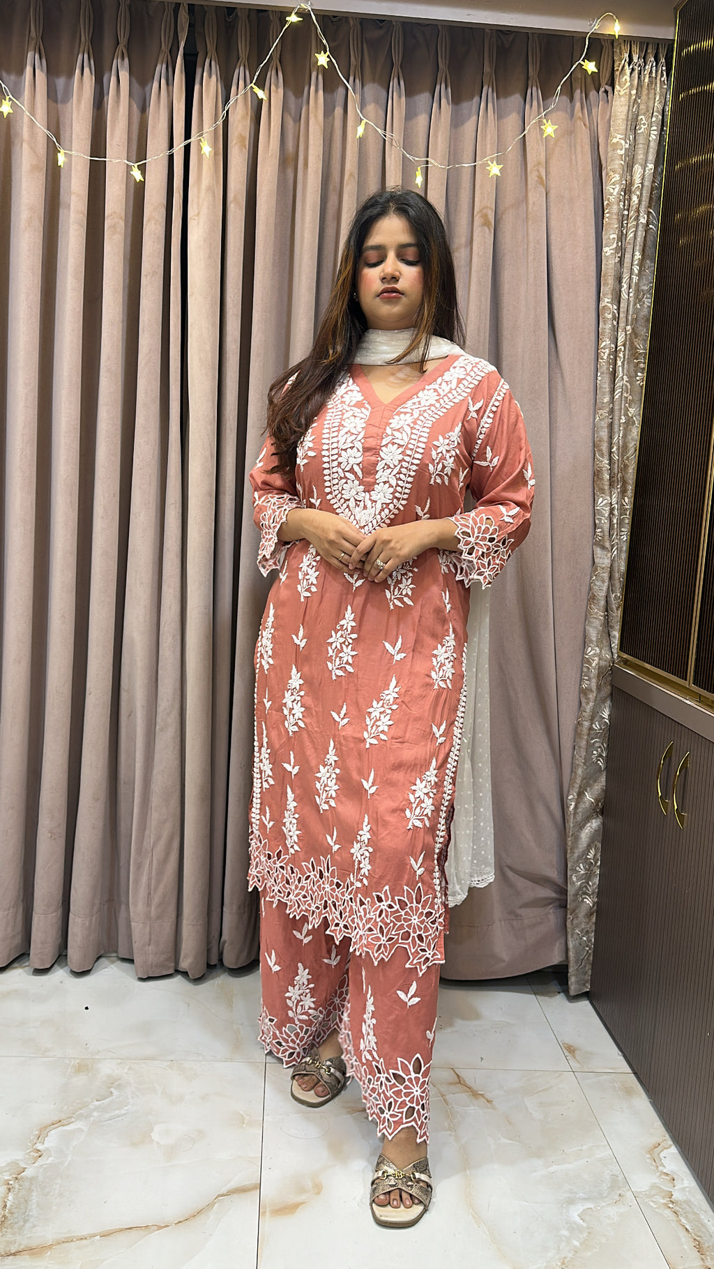 Dark Peach Noori Pure modal cut work set