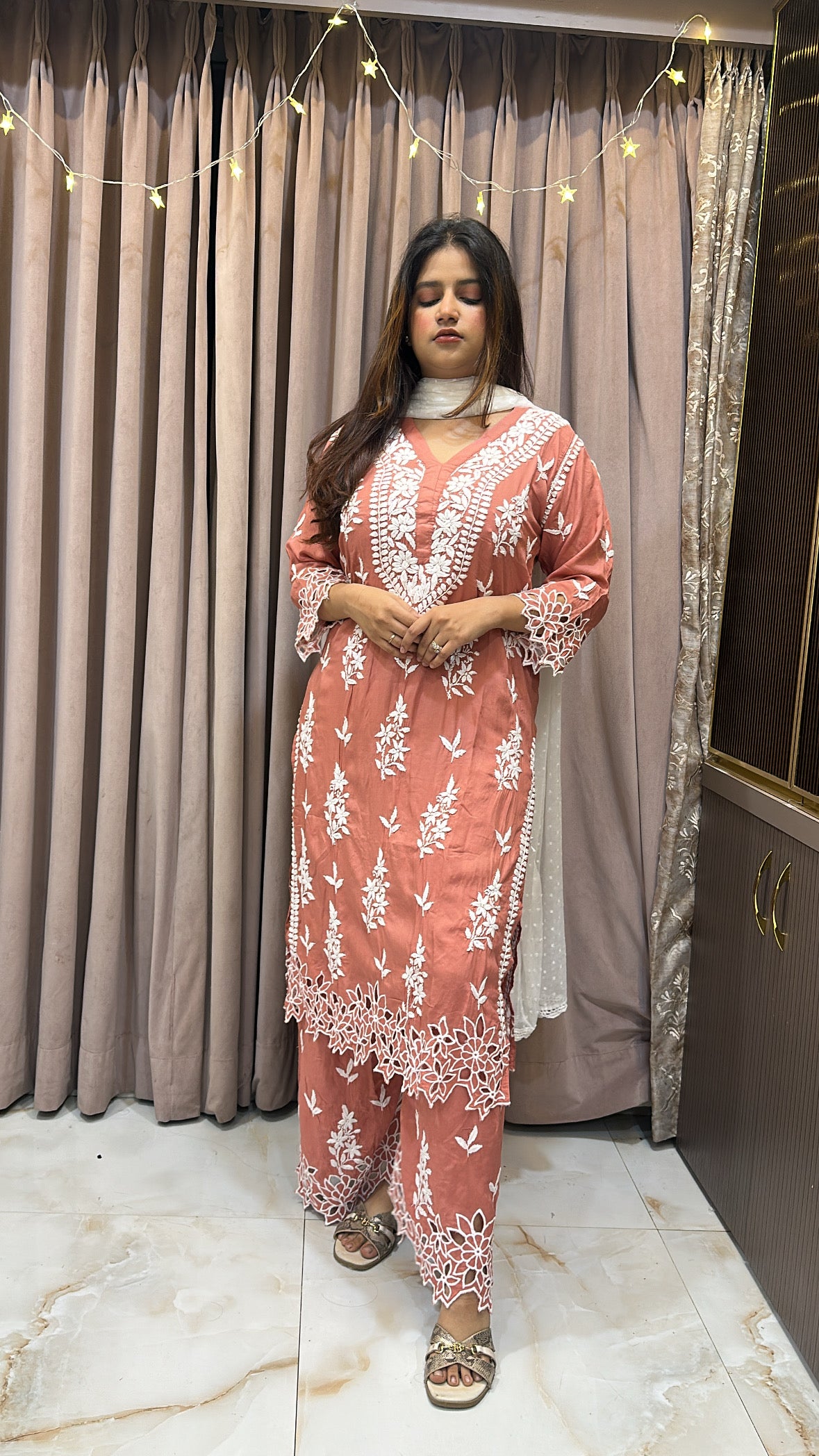 Dark Peach Noori Pure modal cut work set