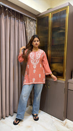 #2014 Peach Pure Rayon Lucknowi Short Top