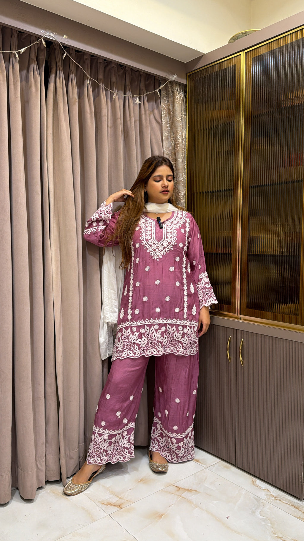 #2022 Mauve Muslin Lucknowi Cutwork Co-Ord Set