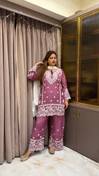 #2022 Mauve Muslin Lucknowi Cutwork Co-Ord Set