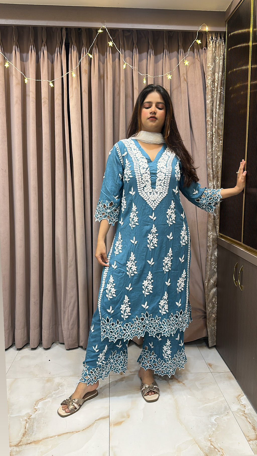 Teal blue Noori Pure modal cut work set