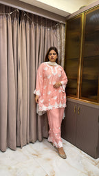 #2021 Peach Muslin Lucknowi Cutwork Co-Ord Set