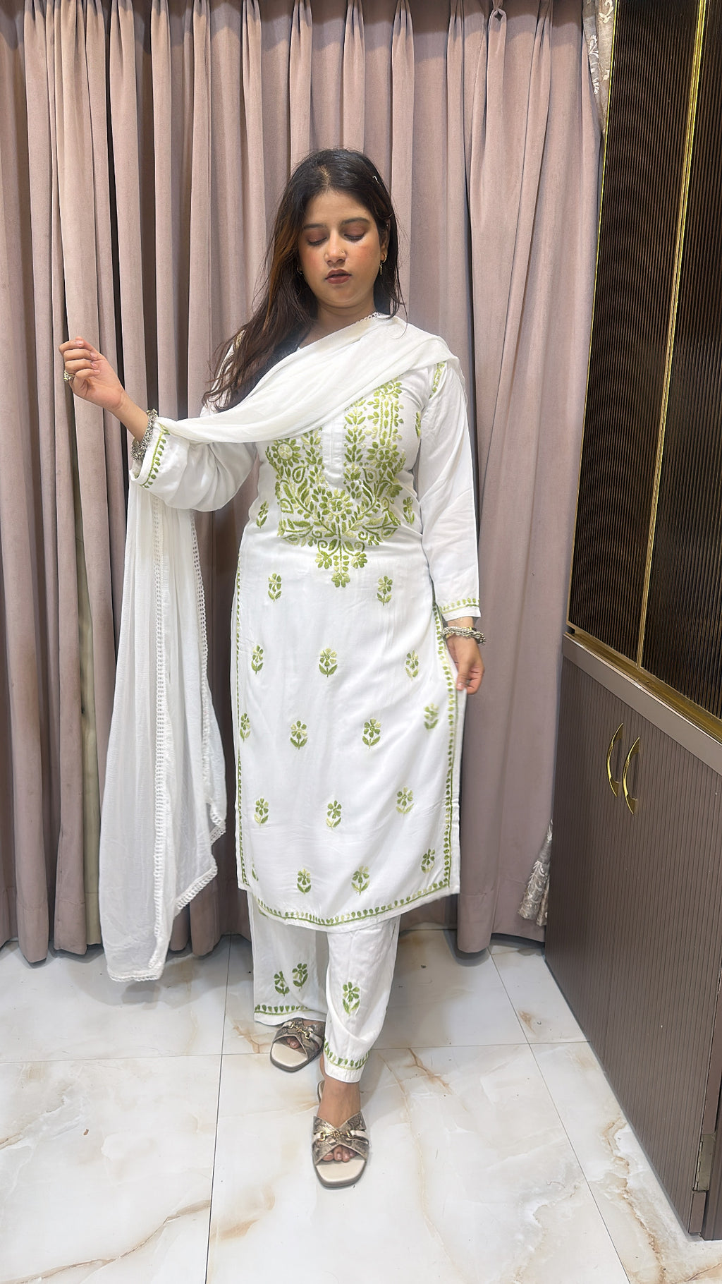 White with Green colour plazo set