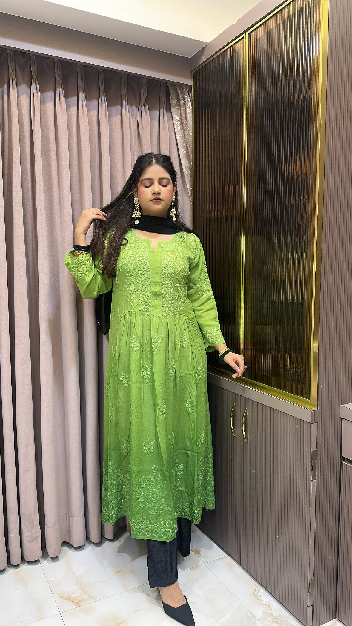 Green Crepe Mukesh work  Aline gown