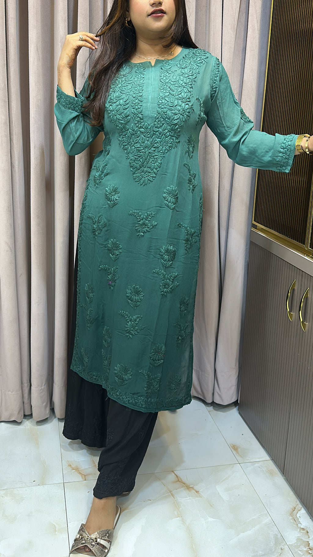 Green Viscose self thread kurti
