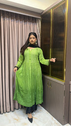 Green Crepe Mukesh work  Aline gown