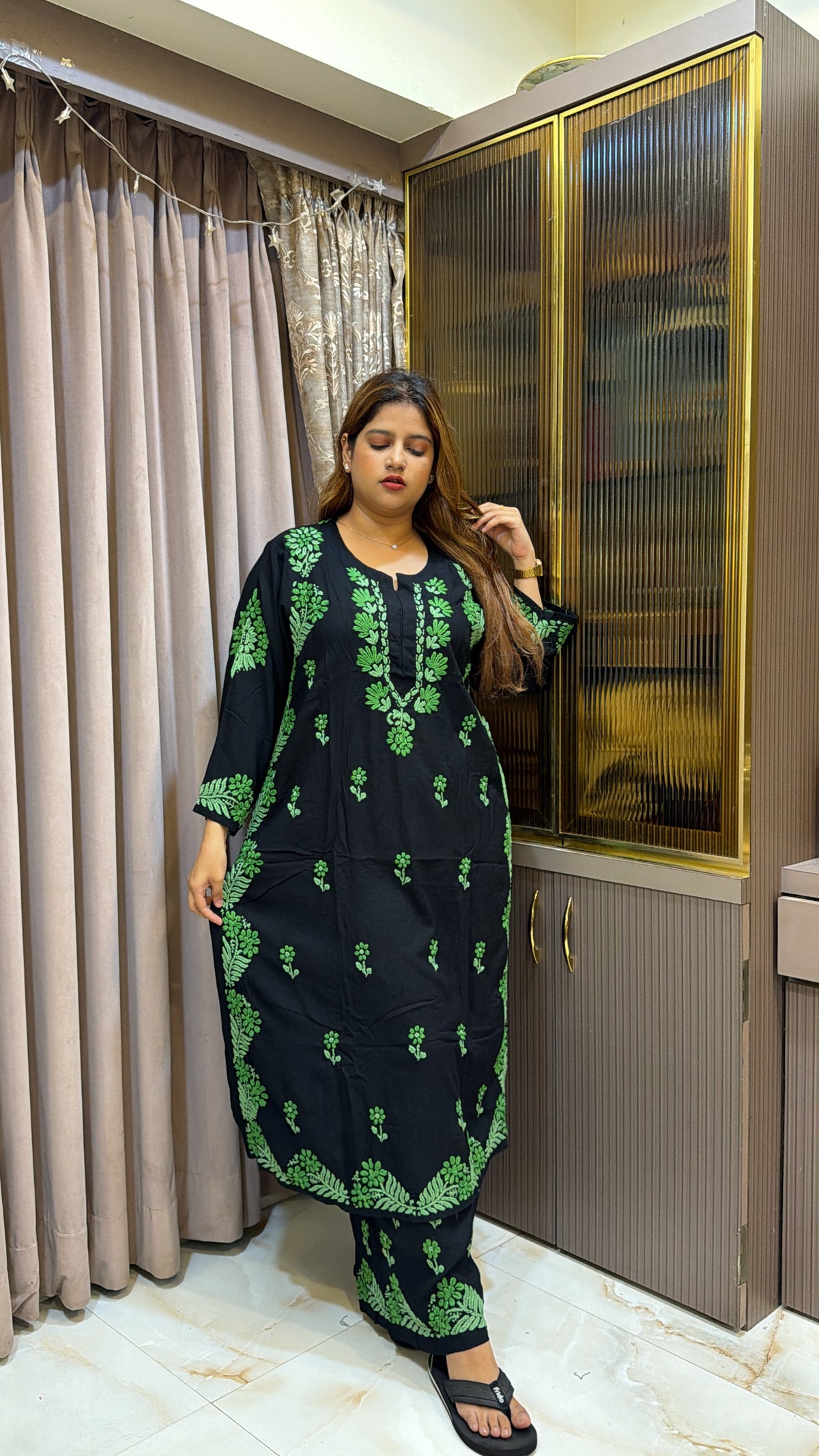 #2015 Plus Size Black & Green Pure Rayon Lucknowi Plazo Set with Handwork