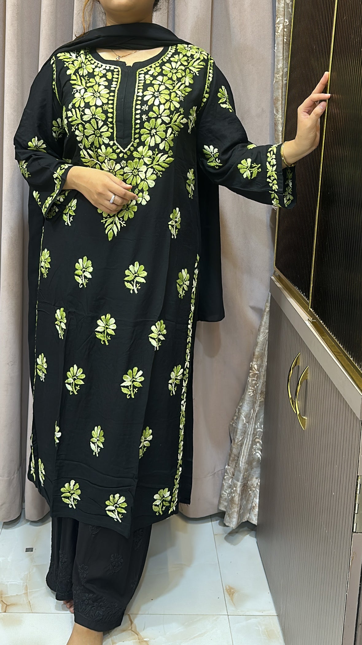 Green Semi modal coloured thread kurti