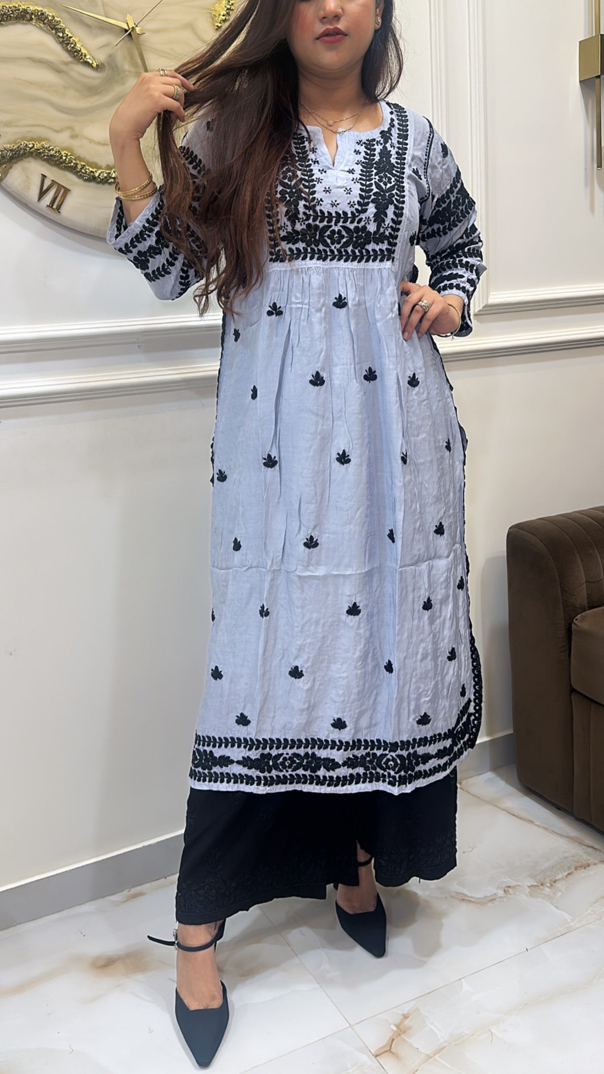 Grey Pure Muslin black embroidery