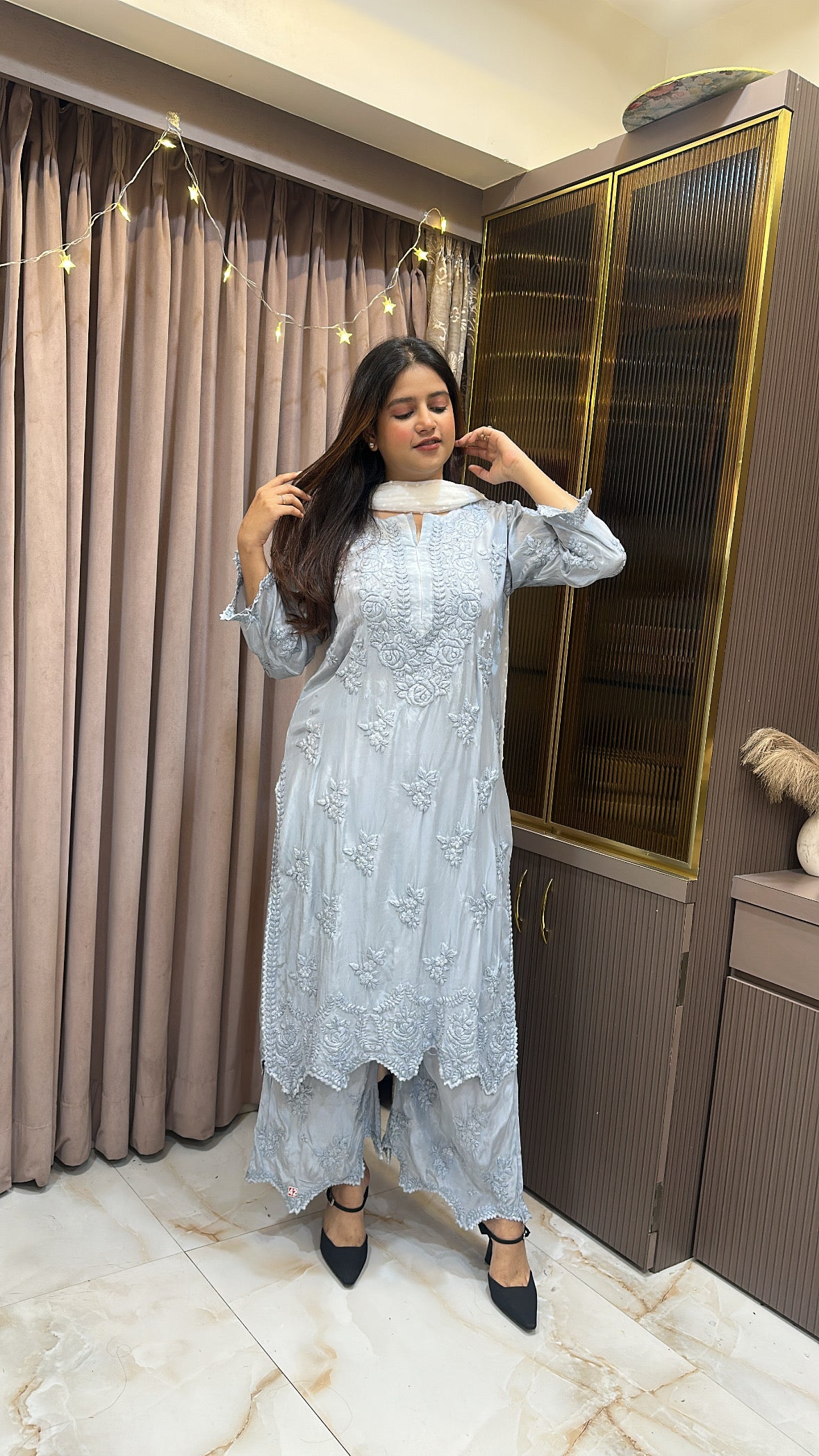 Gray Pure crepe cut work set