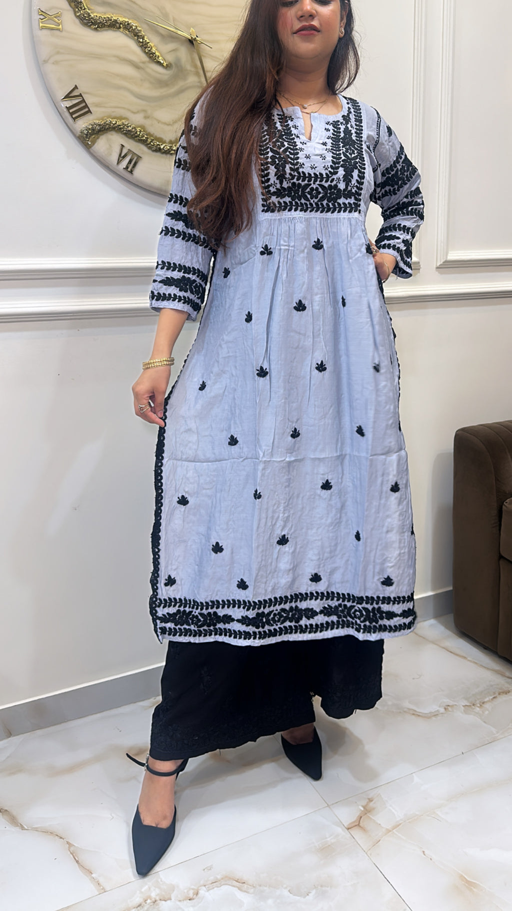 Grey Pure Muslin black embroidery