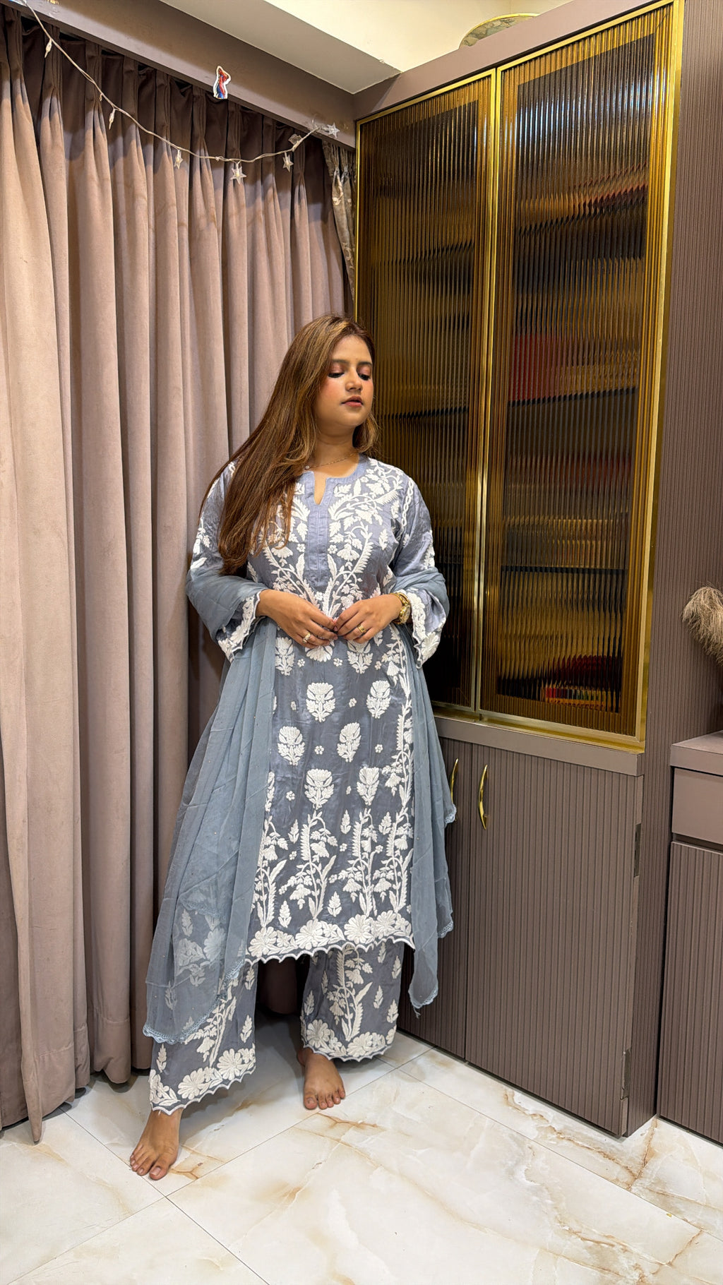 Grey Pure modal satin lucknowi plazo set