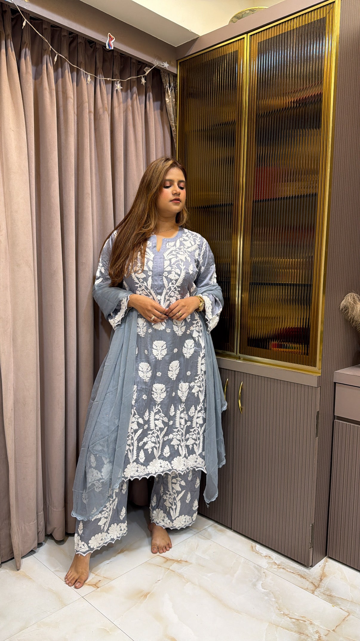 Grey Pure modal satin lucknowi plazo set