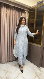 Gray Pure crepe cut work set