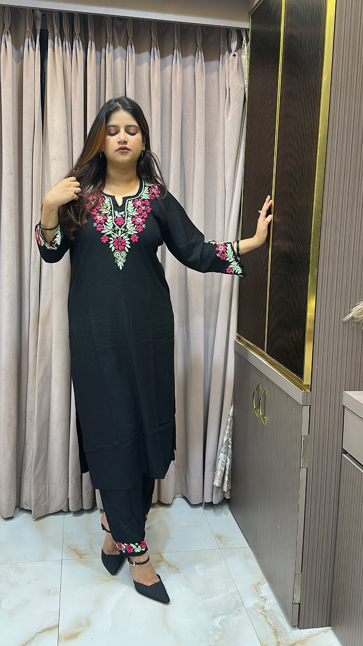 Rayon black with Hot Pink cross sleeves plazo set