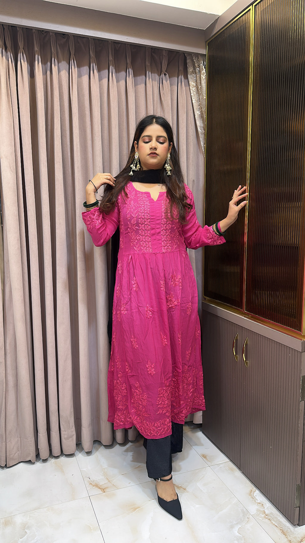 Hot pink Crepe Mukesh work  Aline gown