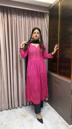 Hot pink Crepe Mukesh work  Aline gown