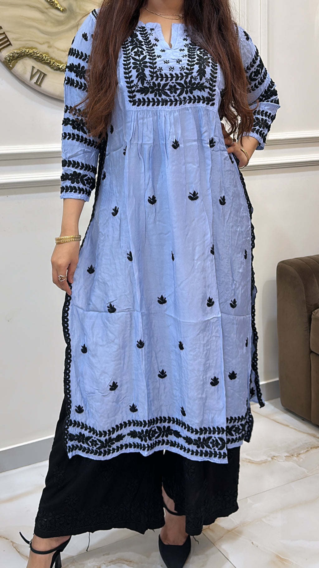 Ice blue Pure Muslin black embroidery