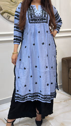 Ice blue Pure Muslin black embroidery