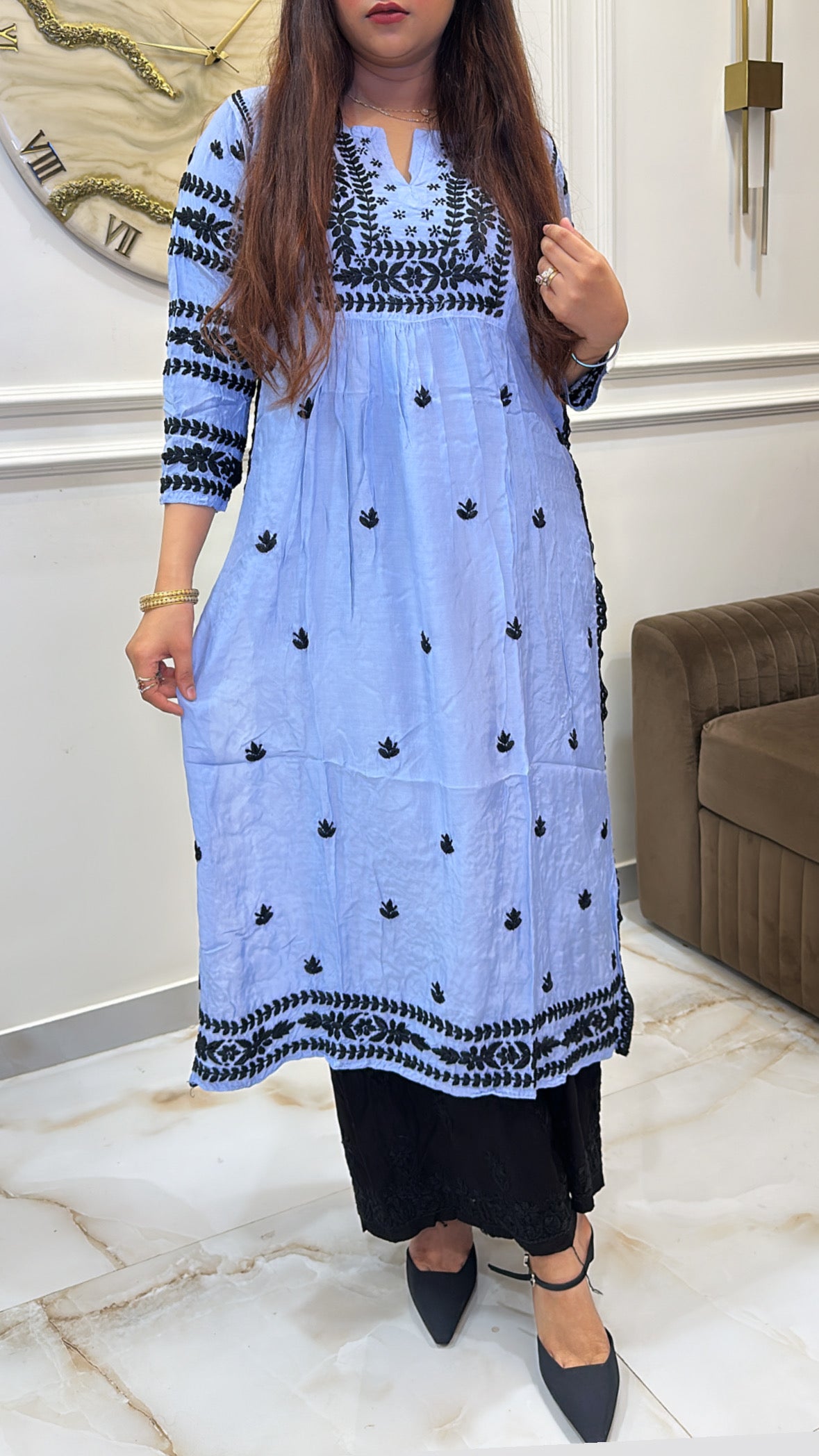 Ice blue Pure Muslin black embroidery